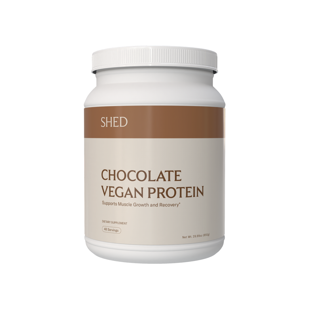 Container labeled 'Chocolate Vegan Protein' with brand 'SHED'.