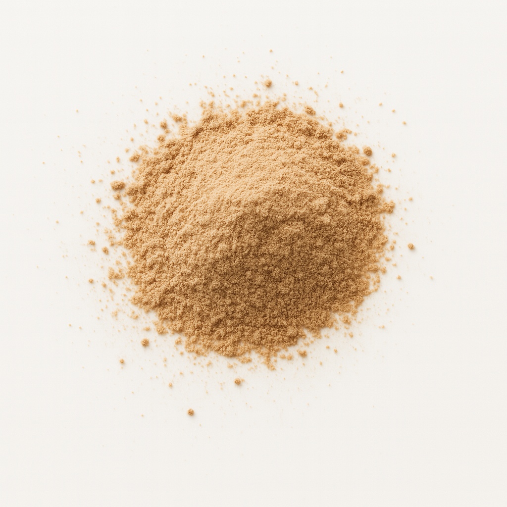 A pile of brown powder on a white background.