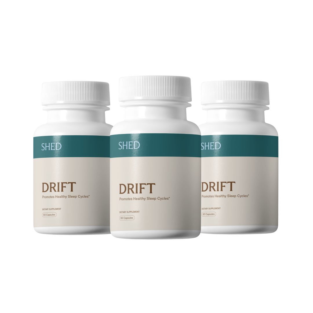 Three bottles of SHED DRIFT dietary supplement for sleep cycles.