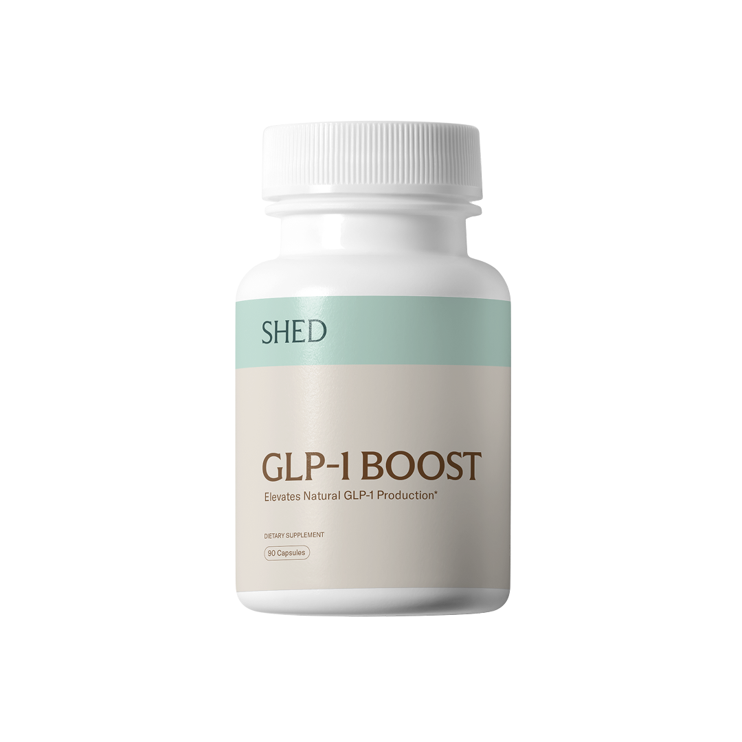 White bottle labeled 'GLP-1 BOOST' by SHED with a teal accent.