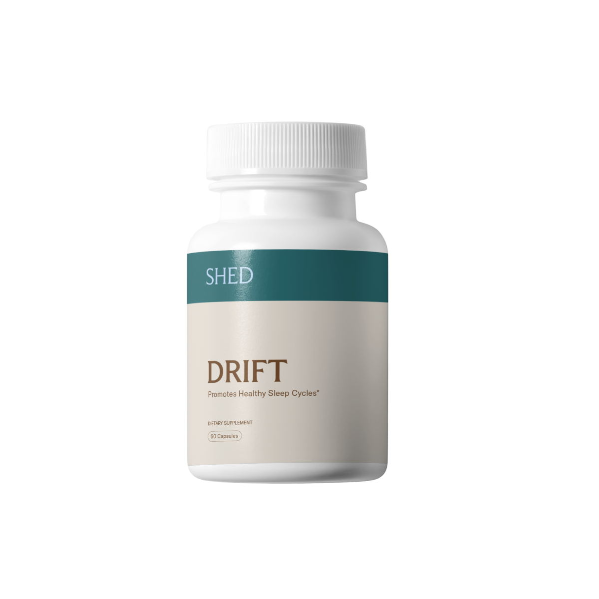 White bottle labeled 'DRIFT' for promoting healthy sleep cycles.