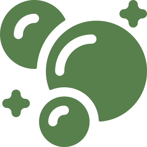 Green abstract shapes resembling bubbles and stars on a transparent background.