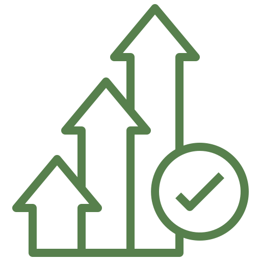 Three upward arrows with a checkmark in a circle.