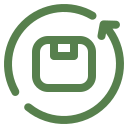 Green icon of a box with a circular arrow around it.