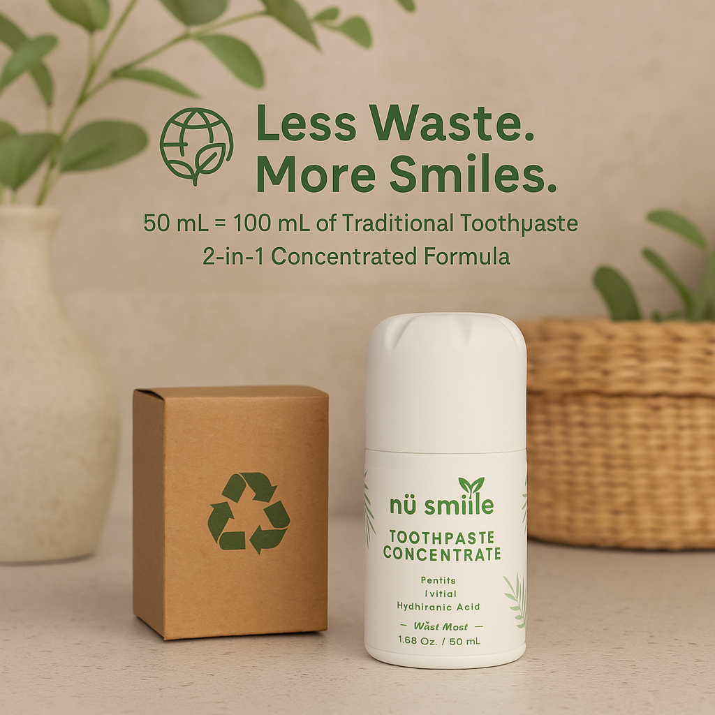 Toothpaste concentrate bottle and box with eco-friendly message and plant decor.