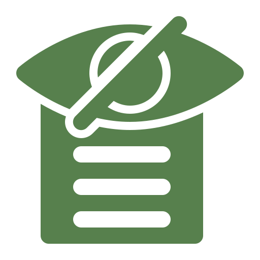 Green icon of an eye with a slash over a document.