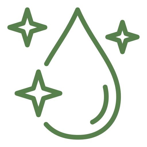 Green outline of a water droplet with three sparkles.