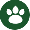 A white paw print icon inside a dark green circle.