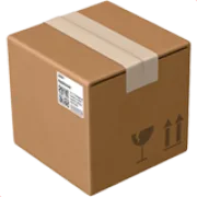A sealed brown cardboard box with a shipping label and handling symbols.