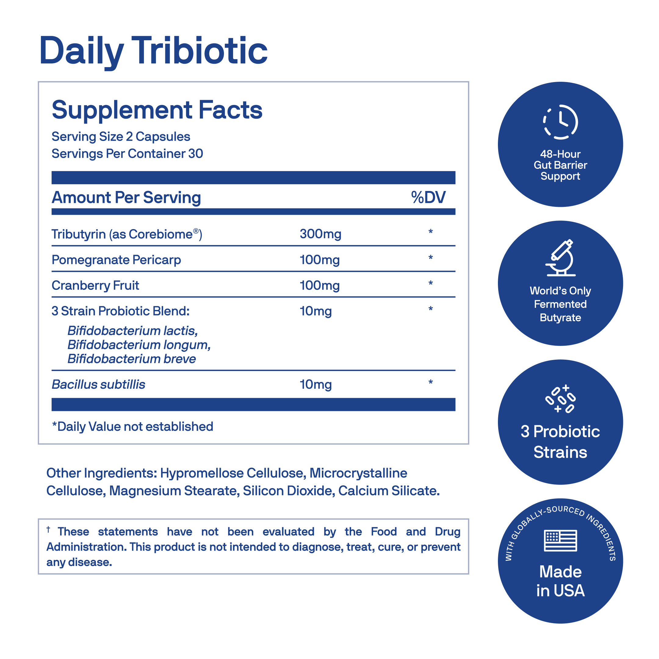 The supplement facts and ingredients list for Daily Tribiotic, a dietary supplement.