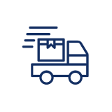 A dark blue line icon of a delivery truck in motion, carrying a package.