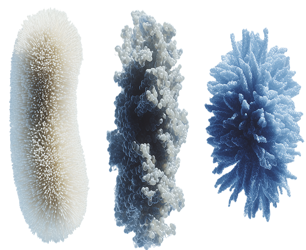 Three abstract vertical forms with different textures, colored white, grayish-blue, and dark blue against a white background.