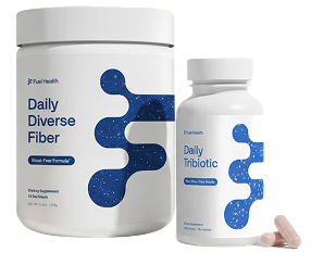 Two supplement containers labeled Daily Diverse Fiber and Daily Tribiotic.