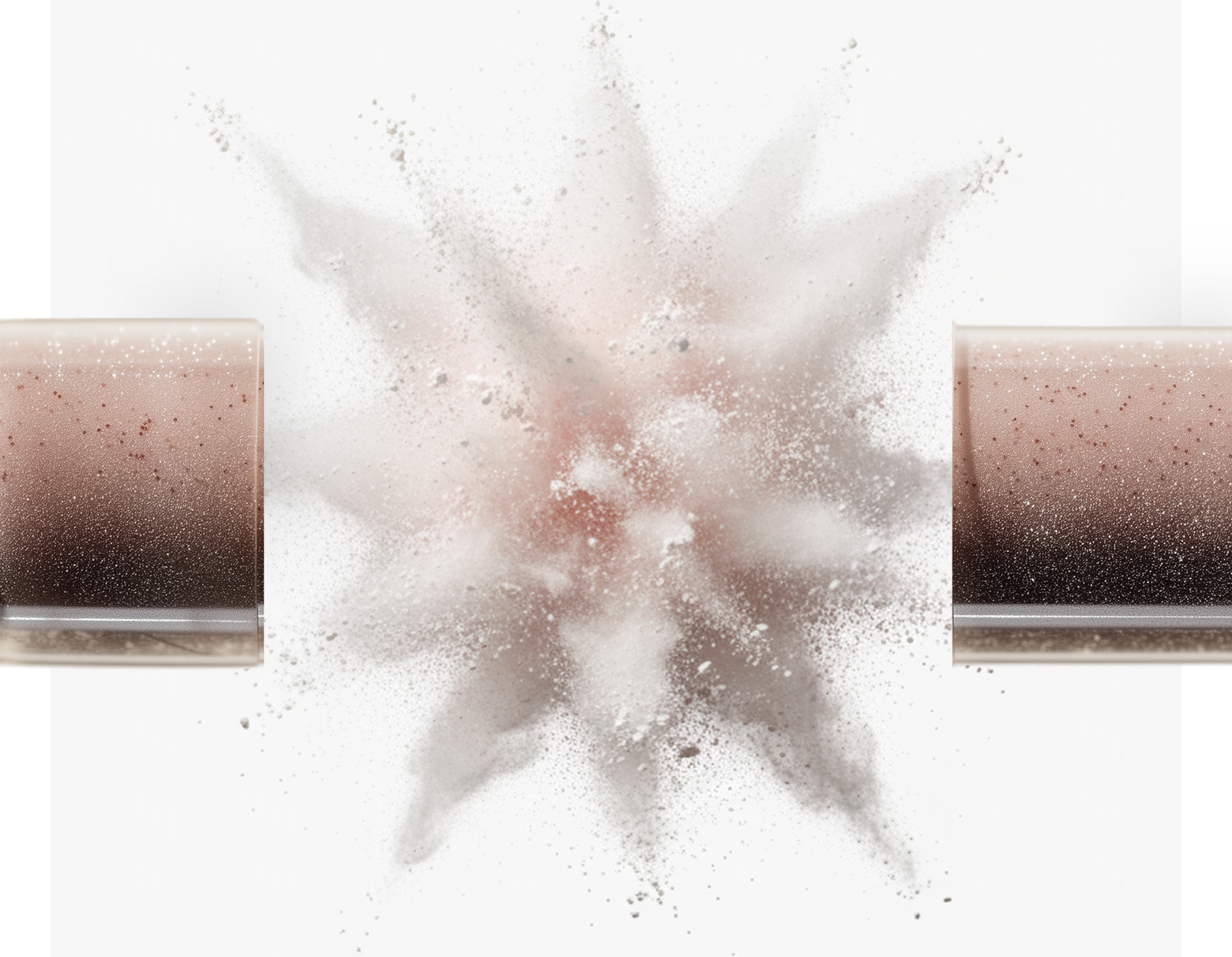 Two tubes with powder explosion in between, on white background.