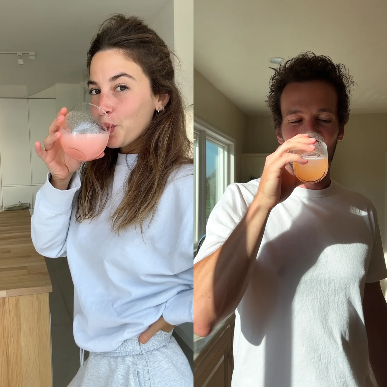 A split-screen image showing a woman and a man, each drinking a beverage from a glass.