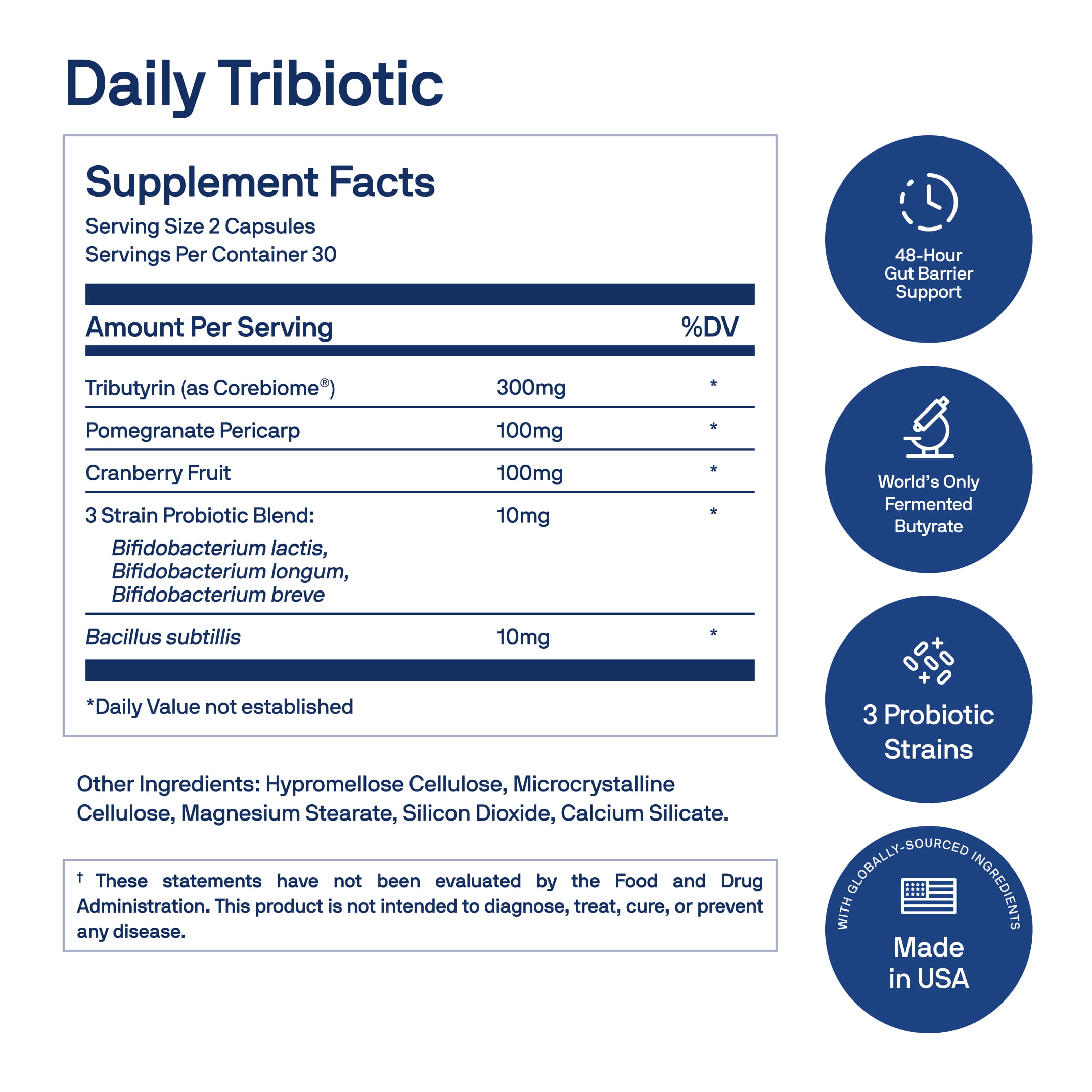 Supplement facts label for Daily Tribiotic, showing ingredients, serving size, and other product information.