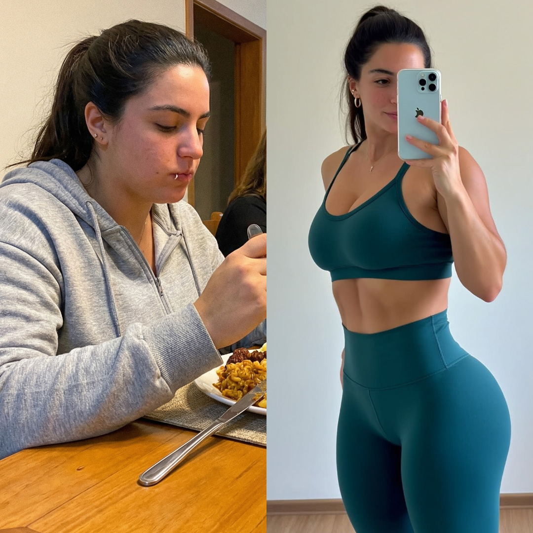 Side-by-side of person eating and taking a mirror selfie in athletic wear.