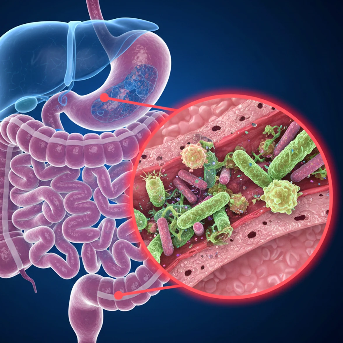 Illustration of digestive system showing bacteria inside the intestines.