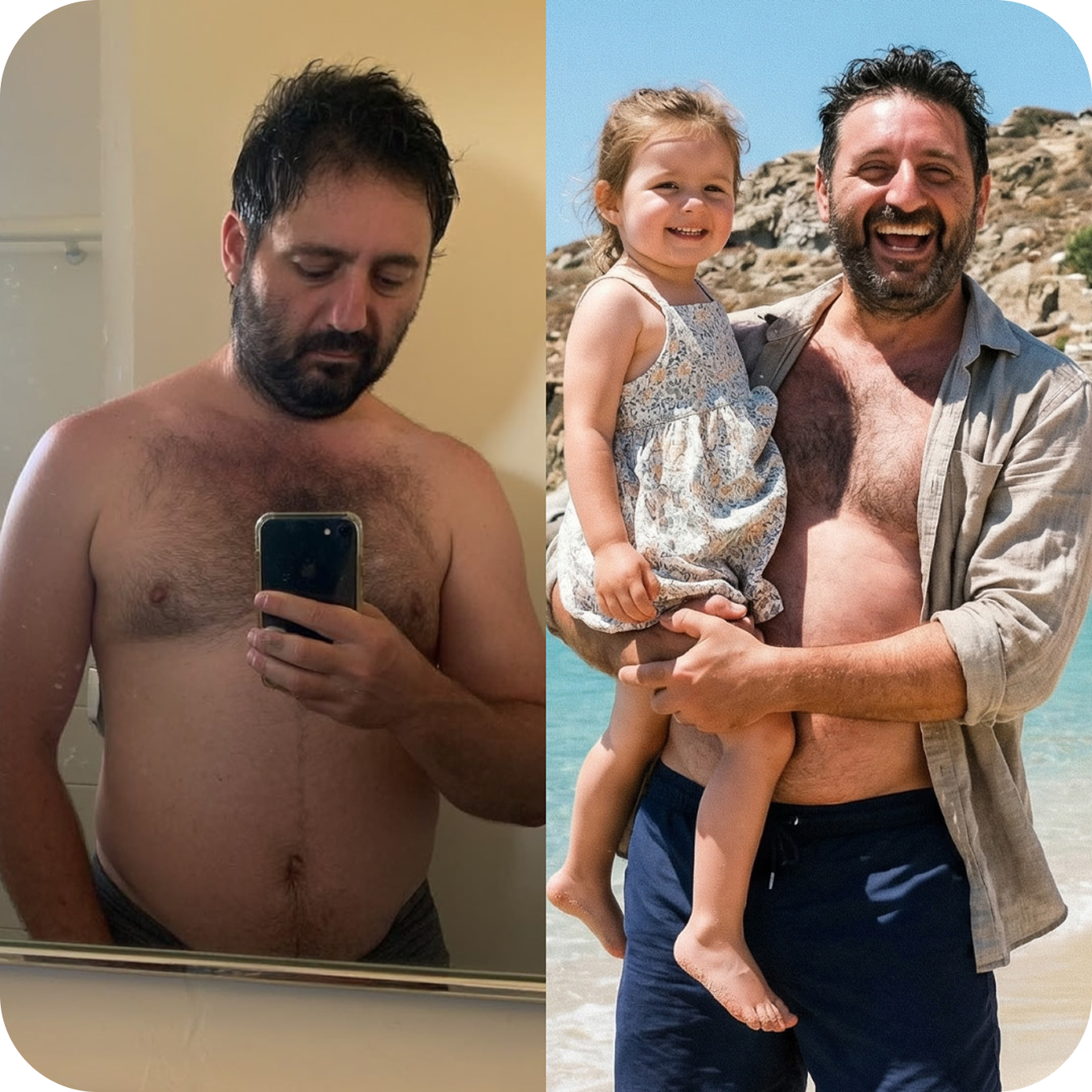 A split image showing a man taking a mirror selfie and the same man smiling holding a child outdoors.