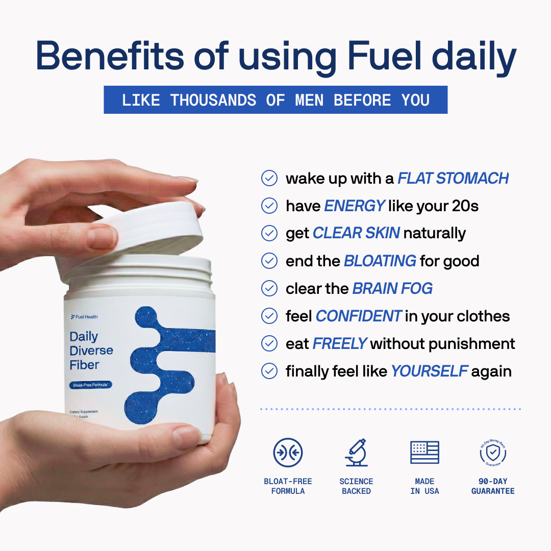 Hand holding a fiber supplement container, with benefits listed beside it.