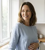 A smiling woman in a blue shirt stands by a window with one hand on her stomach.