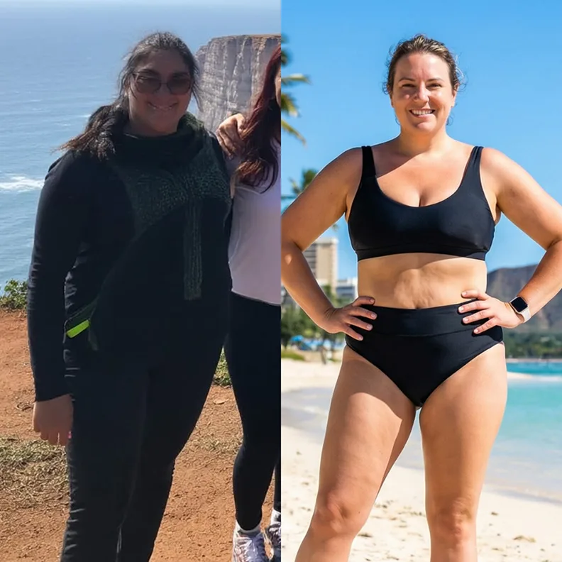 Before and after weight loss photos of a woman outdoors.