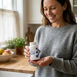 A smiling woman in a grey sweater holds a white bottle of supplements in a kitchen.