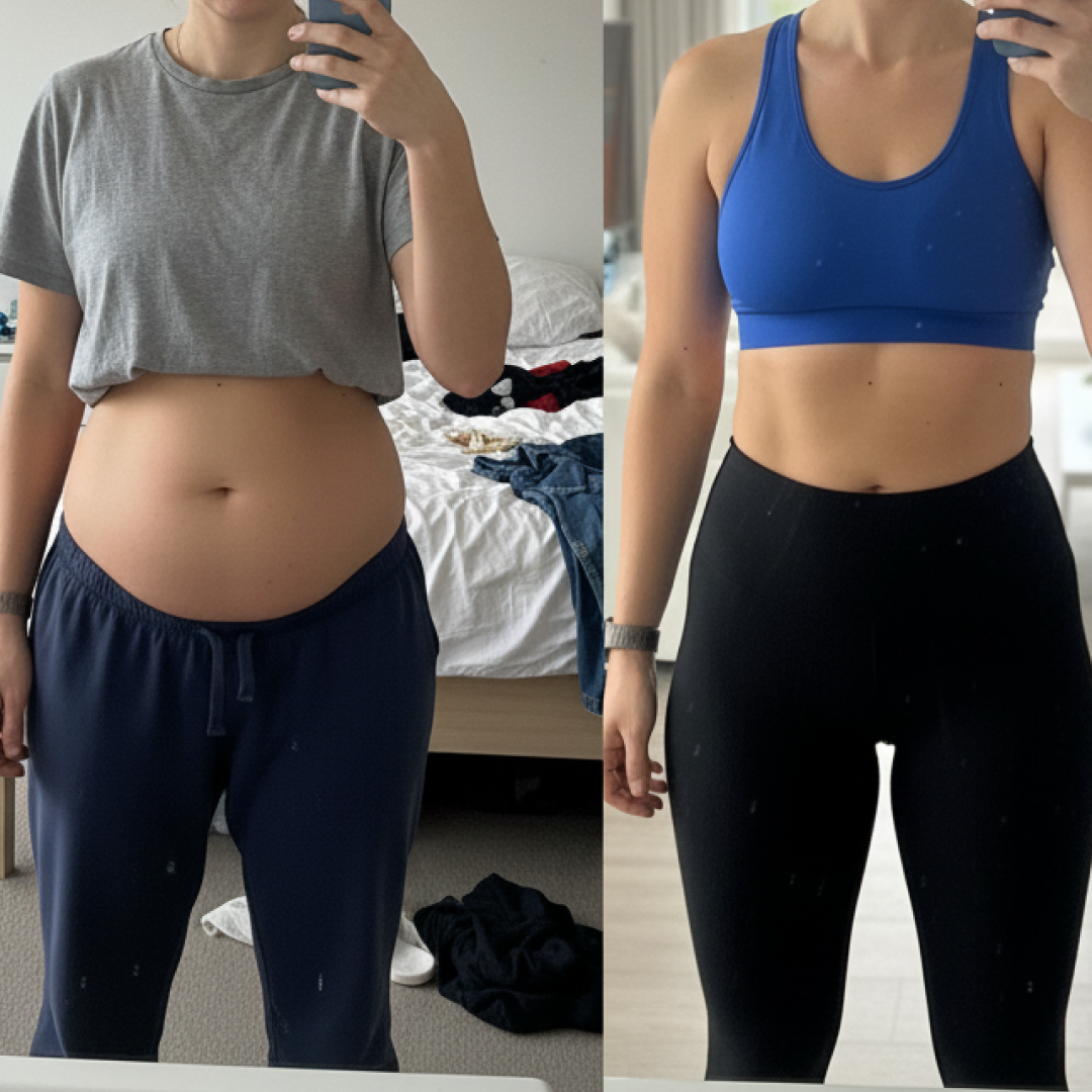 Side-by-side comparison of two mirror selfies showing body transformation.
