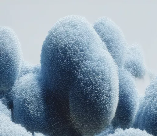Abstract image of fluffy, blue, cloud-like formations.