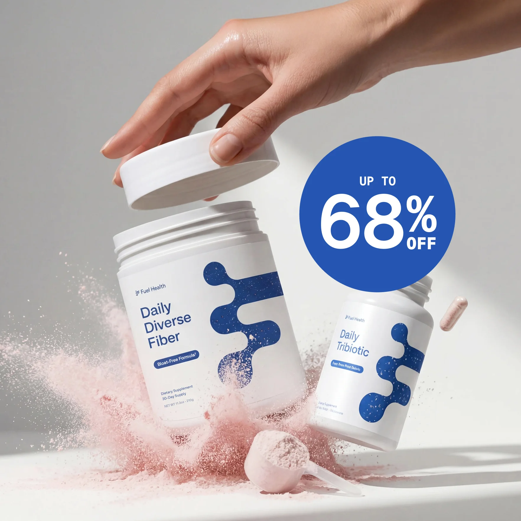A product shot of Fuel Health fiber and tribiotic supplements, with a large 'Up to 68% off' graphic.