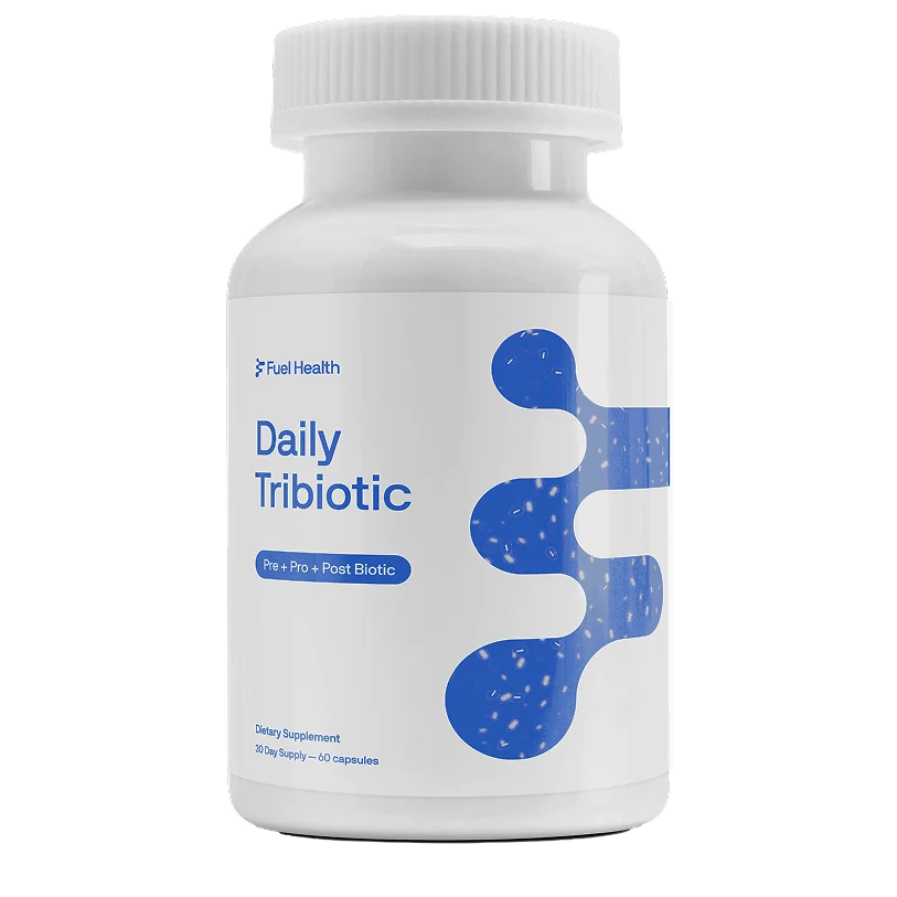A white bottle of Fuel Health Daily Tribiotic dietary supplement against a white background.