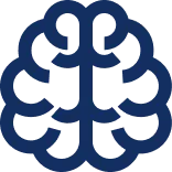 A stylized, dark blue icon of a brain.