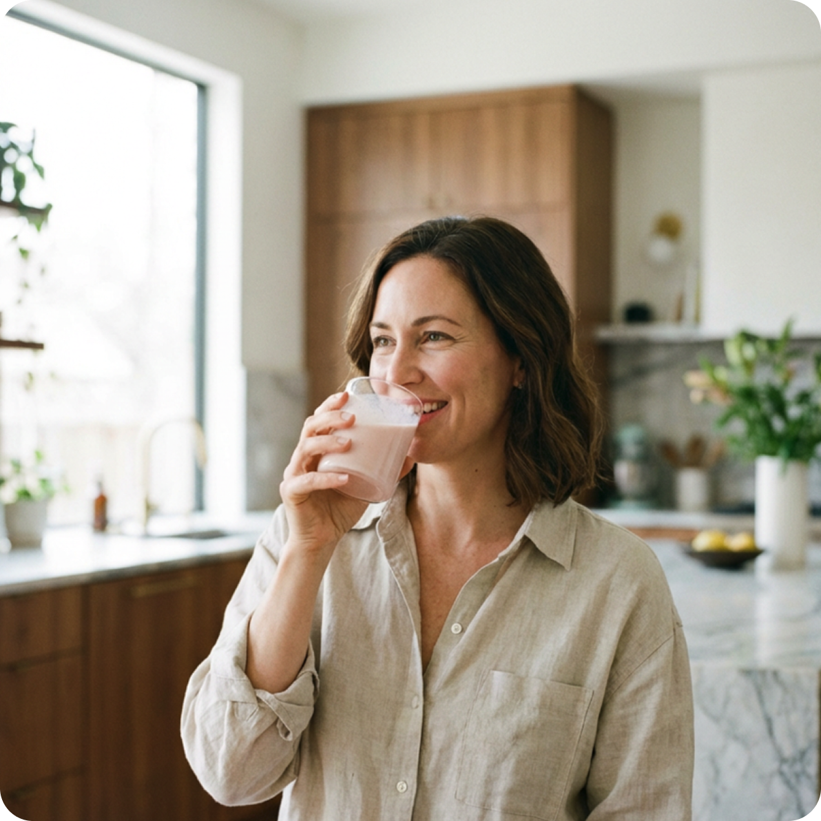 A smiling woman in a kitchen holds a glass and drinks a pink beverage.
