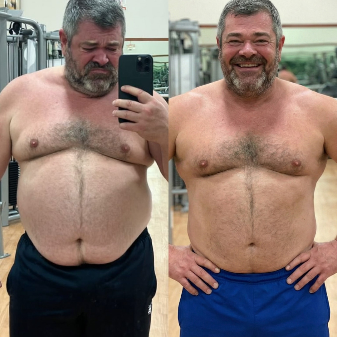 Side-by-side images of a bearded man before and after body transformation.