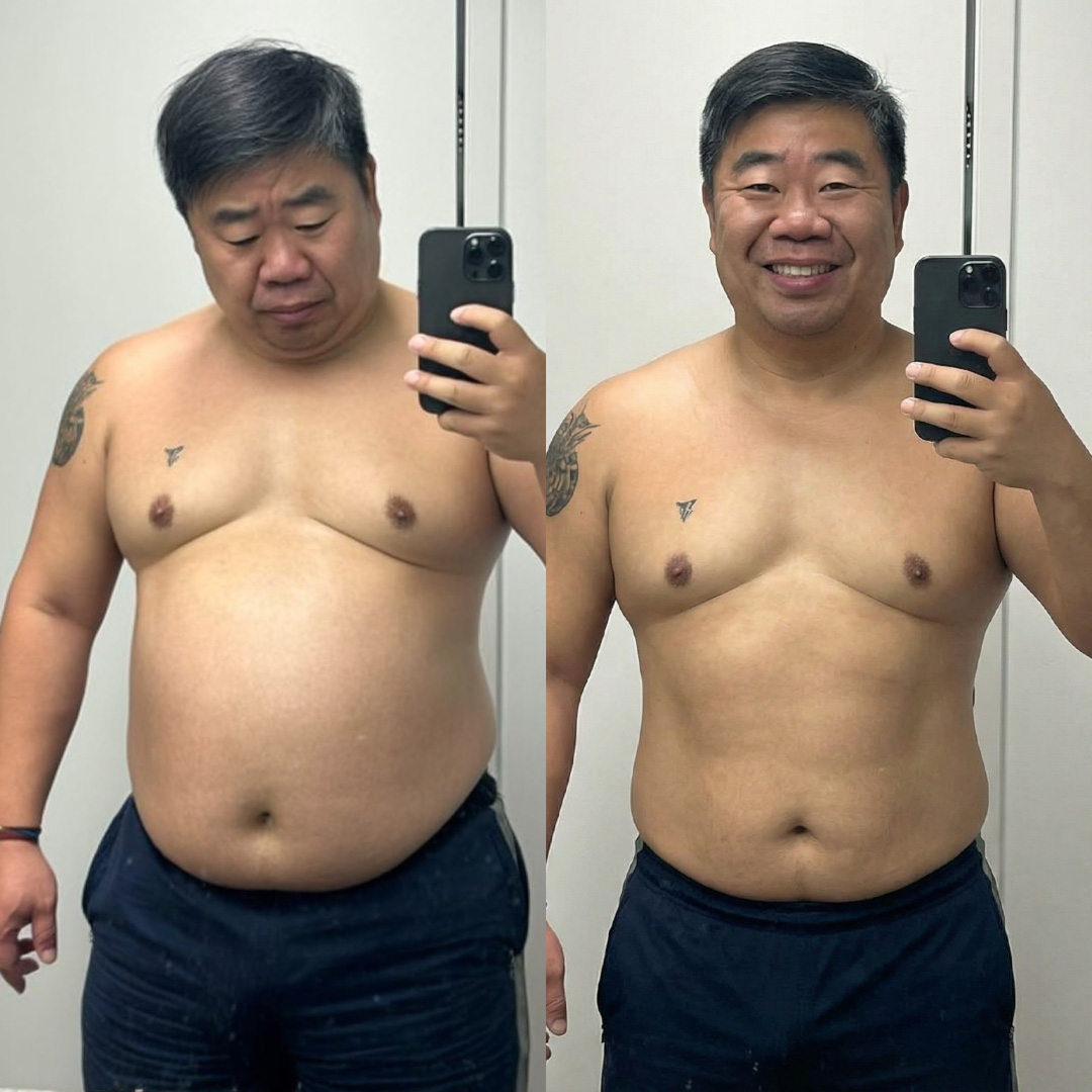Two side-by-side selfies of a shirtless man, before and after weight changes.
