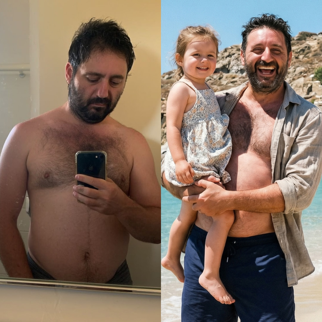 Two-photo collage: shirtless man takes a selfie; man smiling, holding child at a beach.