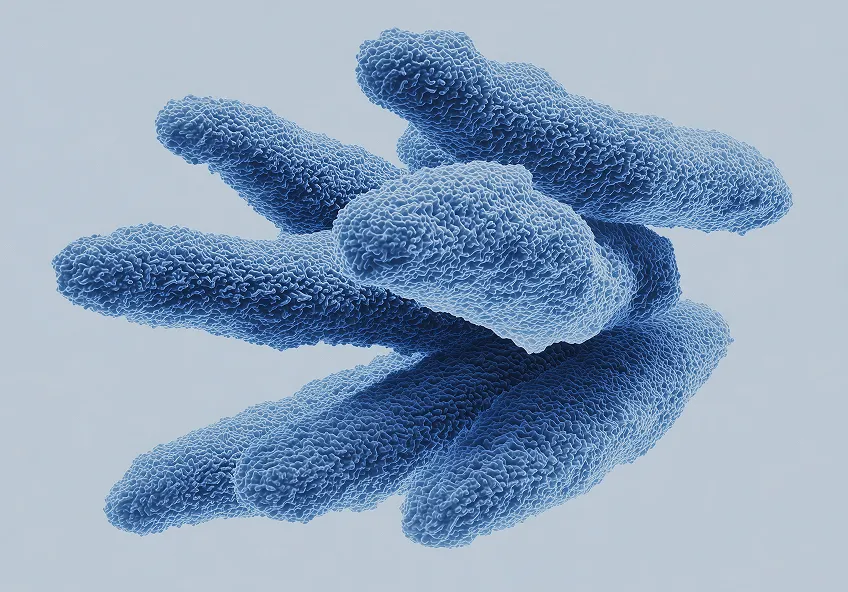 Close-up view of blue textured rod-shaped objects on a light background.