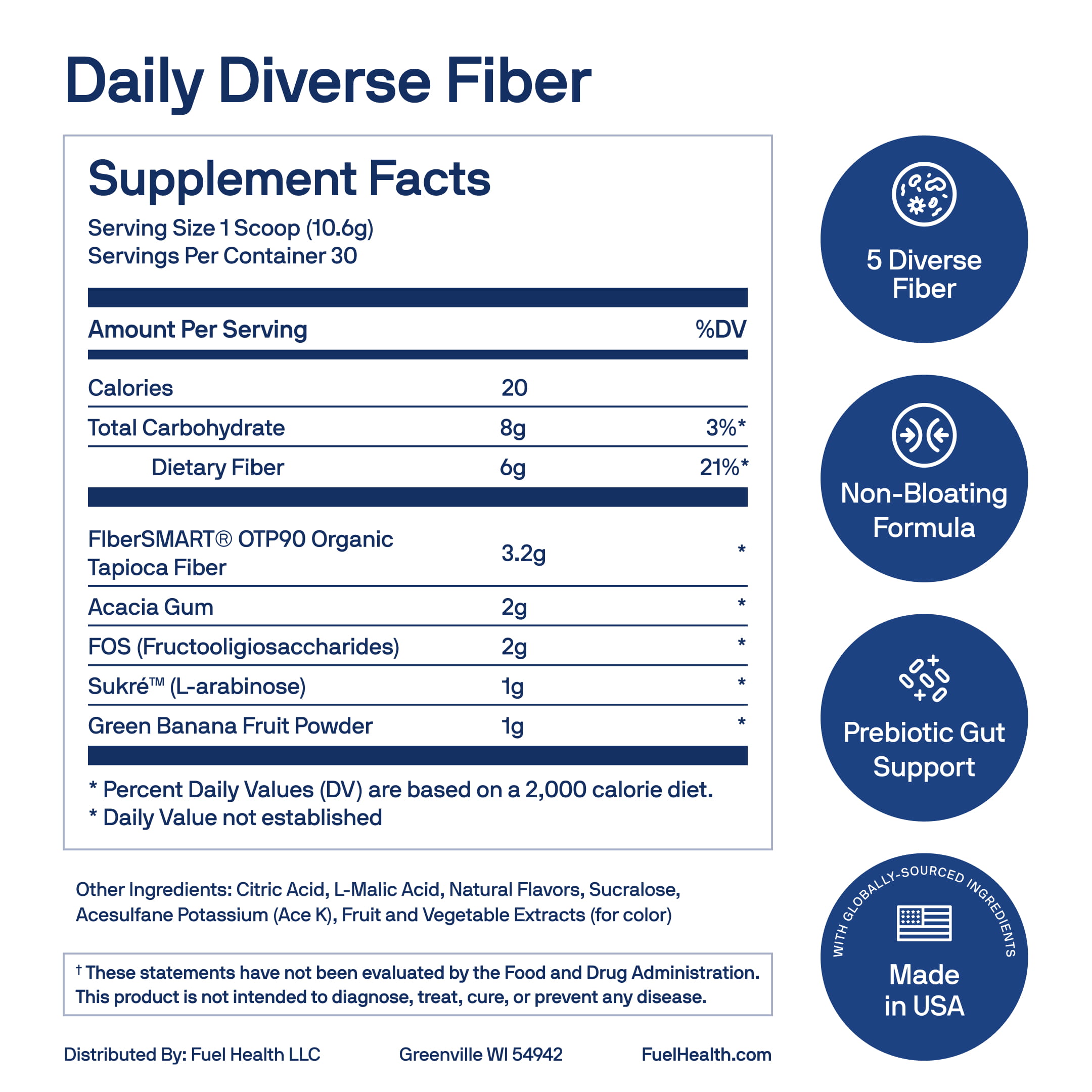 The supplement facts and nutritional information label for Daily Diverse Fiber.