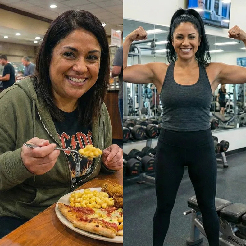 Split image: woman eating pasta and pizza on the left, flexing muscles in gym on the right.