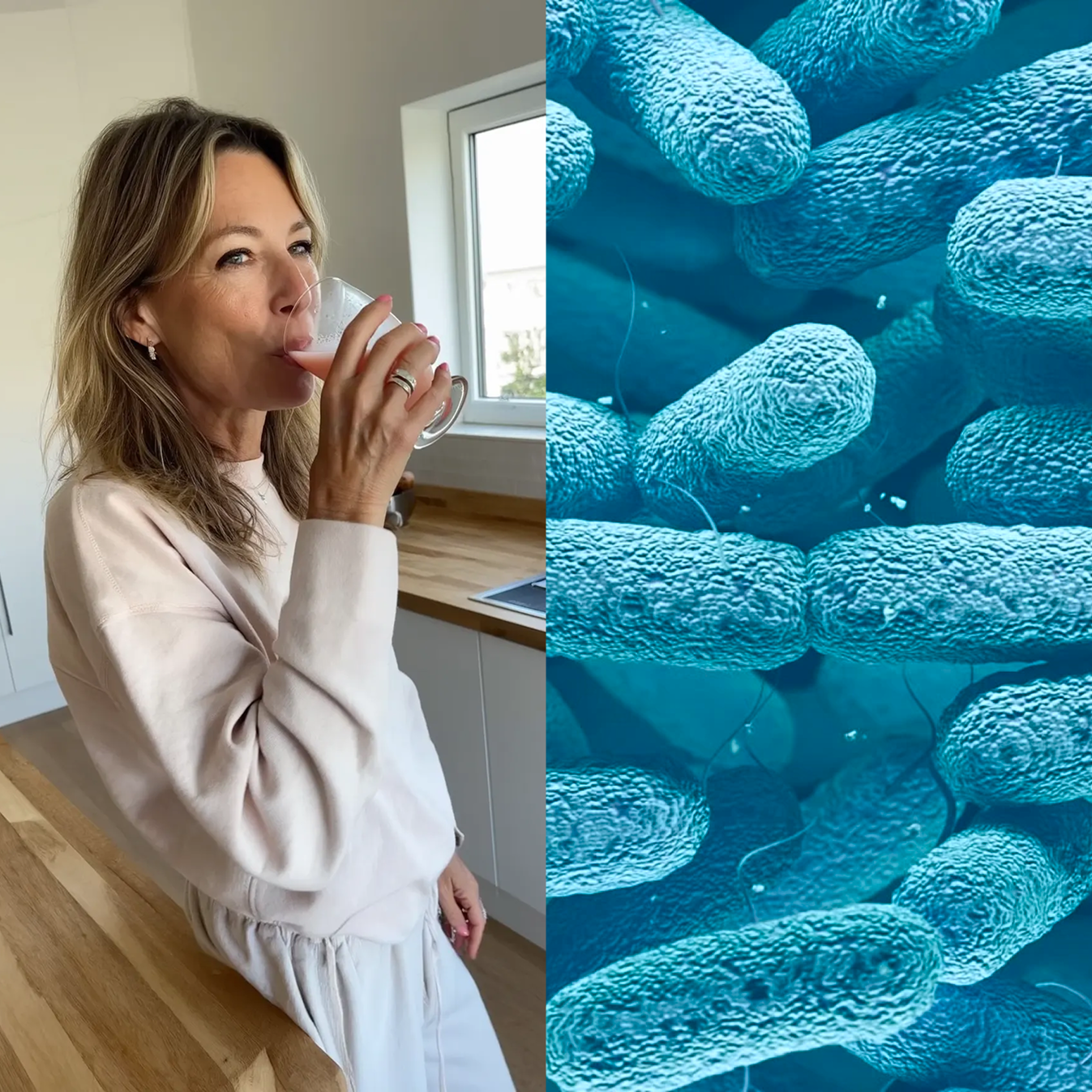 A split image of a woman drinking and a microscopic view of bacteria.