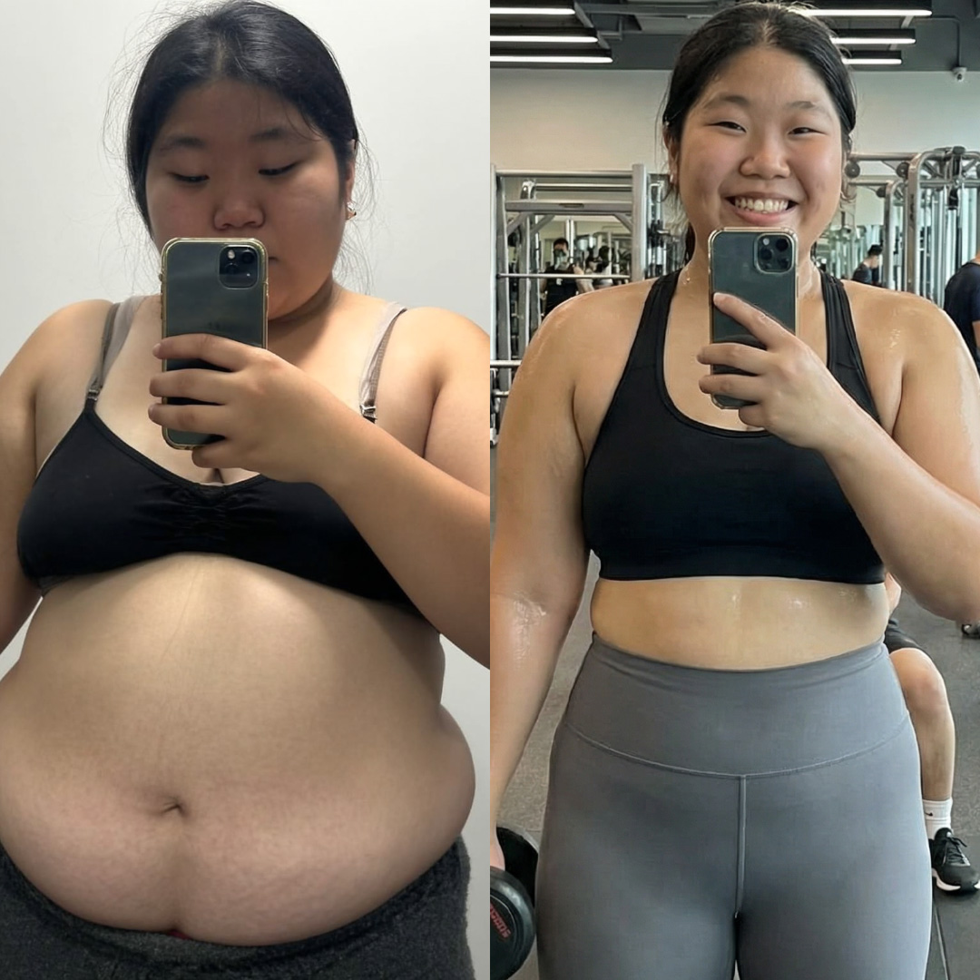 Side-by-side photos of a person in workout attire taking mirror selfies.