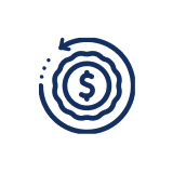 A dark blue line icon of a dollar coin with an arrow circling it.
