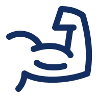 A simple dark blue line icon of a flexed arm showing a bicep muscle.