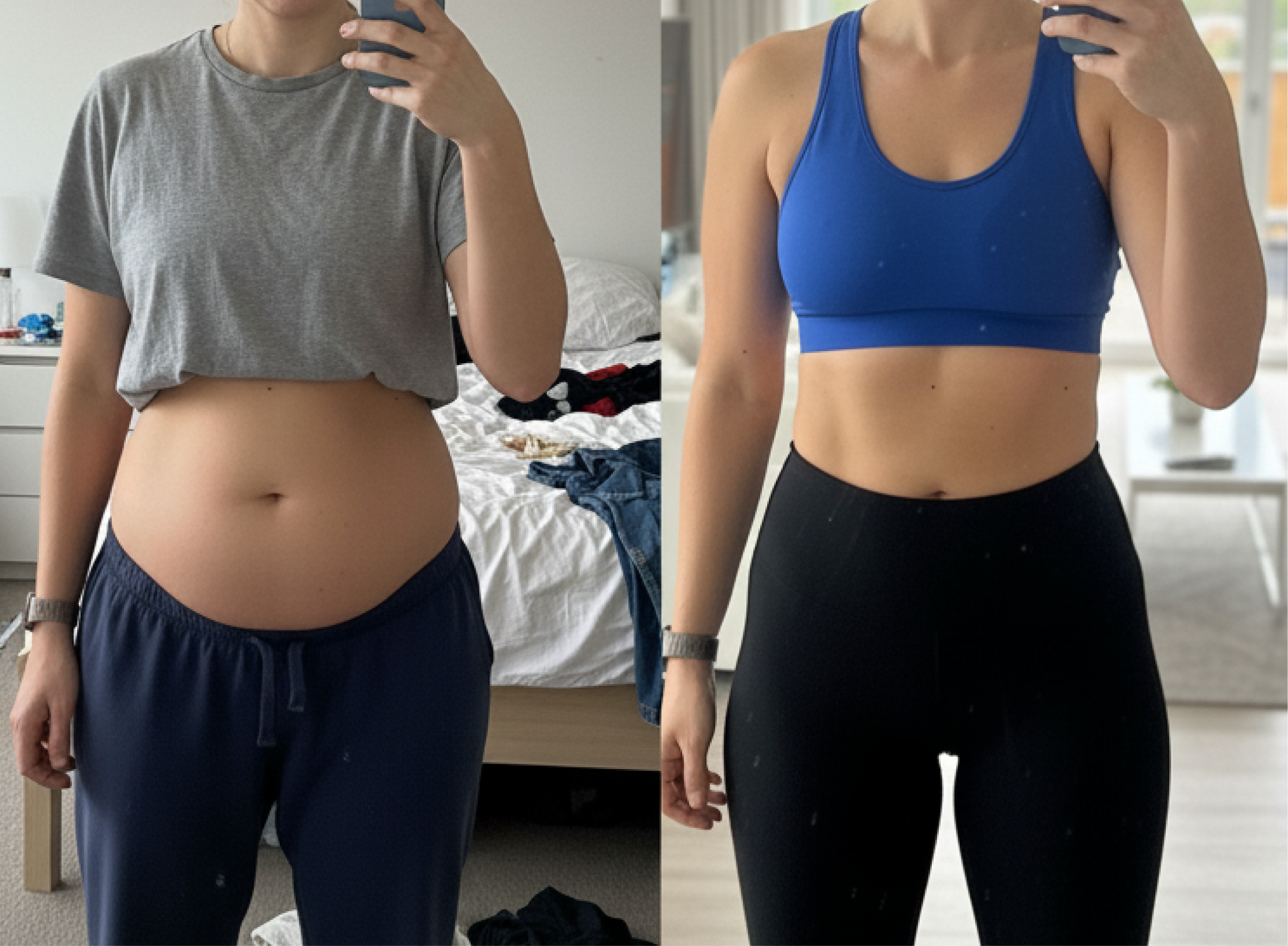 Side-by-side comparison of a person in casual wear and athletic attire.