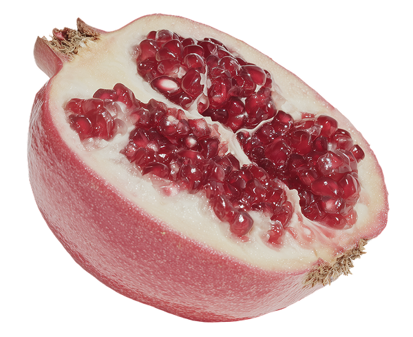 A pomegranate cut in half, revealing its red seeds, isolated on a white background.