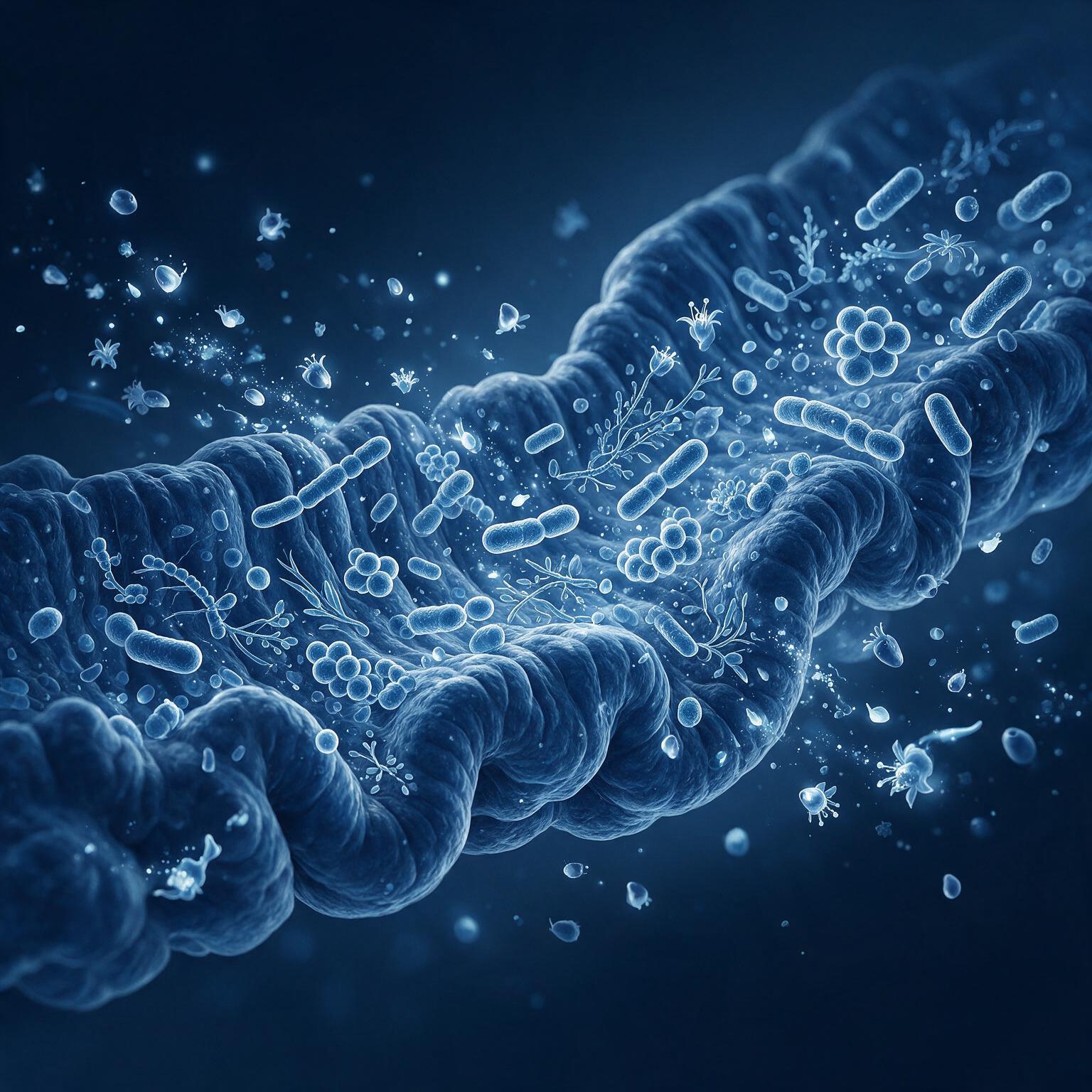 A microscopic, blue-toned illustration of various bacteria and microorganisms on a convoluted biological surface.