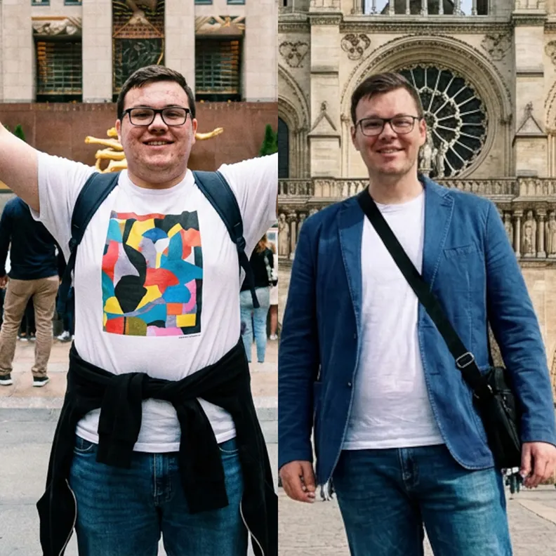 Two photos of a smiling man; left in casual wear, right in a blue jacket.