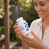 A smiling woman outdoors holds a white bottle with a blue label, looking down at it.