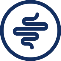 A blue circular icon with a stylized, squiggly line representing an intestine or gut.