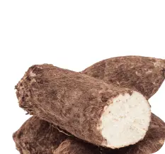 A close-up of several yams, with one cut to show the white flesh inside.